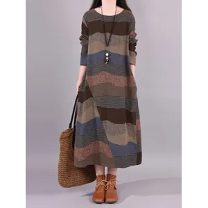 Artistic Retro Loose Ramie Cotton Striped Multi-Colored Round-Neck Long Sleeves Midi Dress