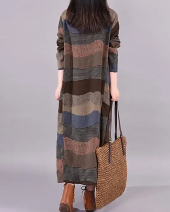 Artistic Retro Loose Ramie Cotton Striped Multi-Colored Round-Neck Long Sleeves Midi Dress