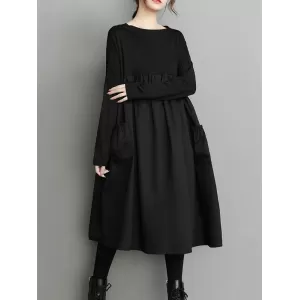 Simple Loose Black Split-Joint Long Sleeves Midi Dress