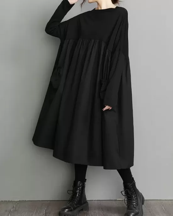 Simple Loose Black Split-Joint Long Sleeves Midi Dress