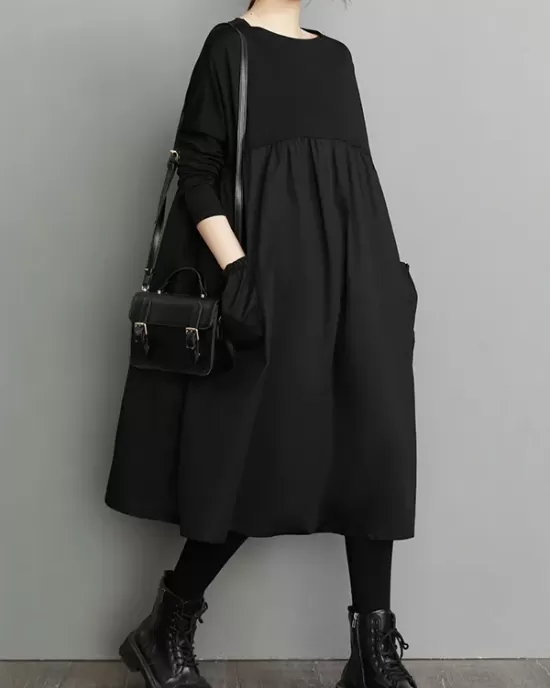 Simple Loose Black Split-Joint Long Sleeves Midi Dress