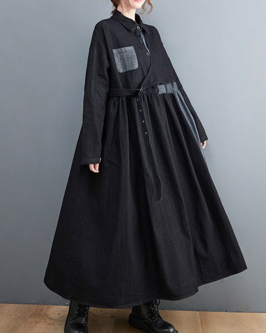 Original Loose Denim Split-Joint Tied Lapel Collar Long Sleeves Midi Dress