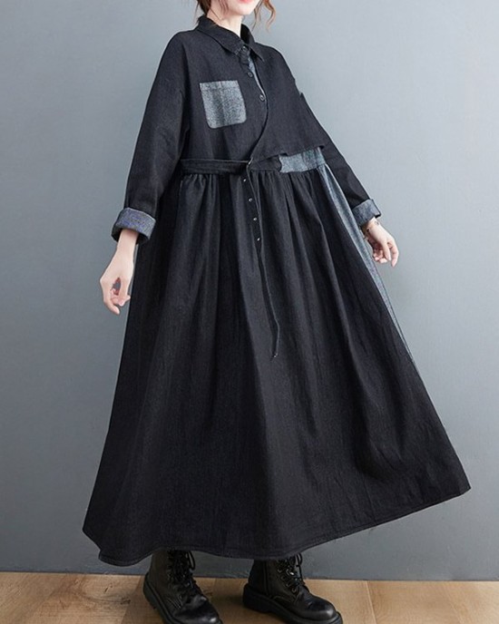 Original Loose Denim Split-Joint Tied Lapel Collar Long Sleeves Midi Dress