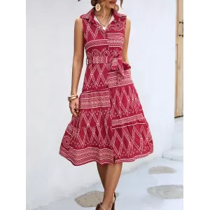 Buttoned Printed Tied Waist Sleeveless Lapel Collar Midi Dresses