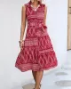 Buttoned Printed Tied Waist Sleeveless Lapel Collar Midi Dresses