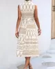 Buttoned Printed Tied Waist Sleeveless Lapel Collar Midi Dresses