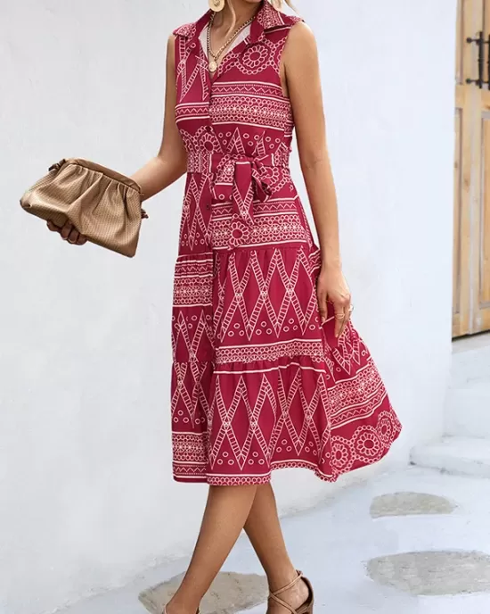 Buttoned Printed Tied Waist Sleeveless Lapel Collar Midi Dresses