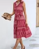 Buttoned Printed Tied Waist Sleeveless Lapel Collar Midi Dresses