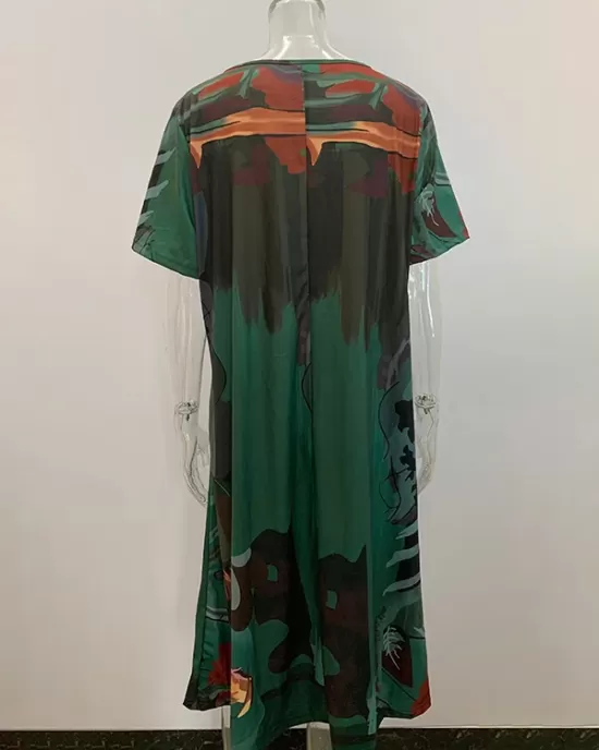 Printed A-Line Loose Round-Neck Midi Dresses