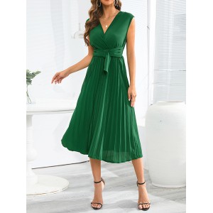 Pleated Solid Color Tied Waist Sleeveless V-Neck Midi Dresses