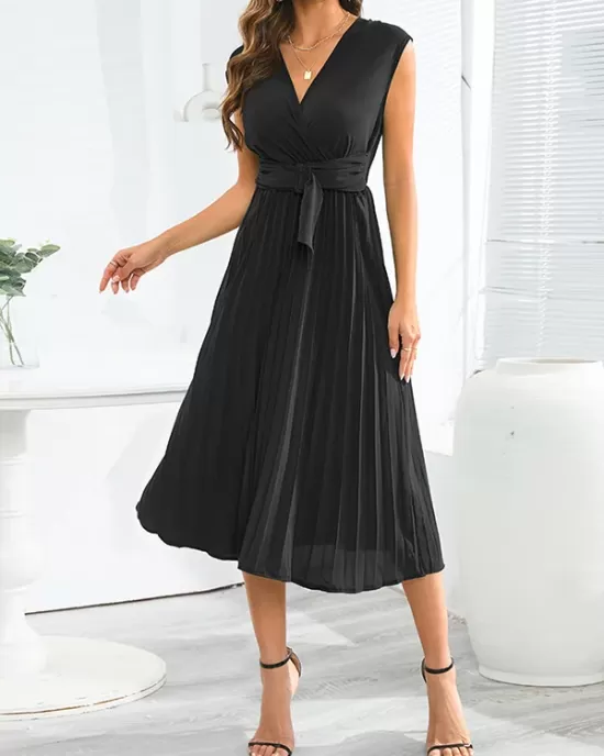 Pleated Solid Color Tied Waist Sleeveless V-Neck Midi Dresses