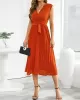 Pleated Solid Color Tied Waist Sleeveless V-Neck Midi Dresses