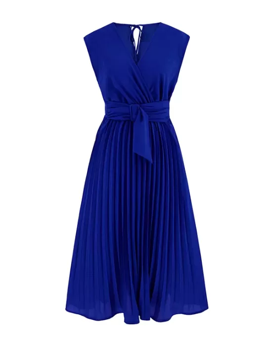 Pleated Solid Color Tied Waist Sleeveless V-Neck Midi Dresses