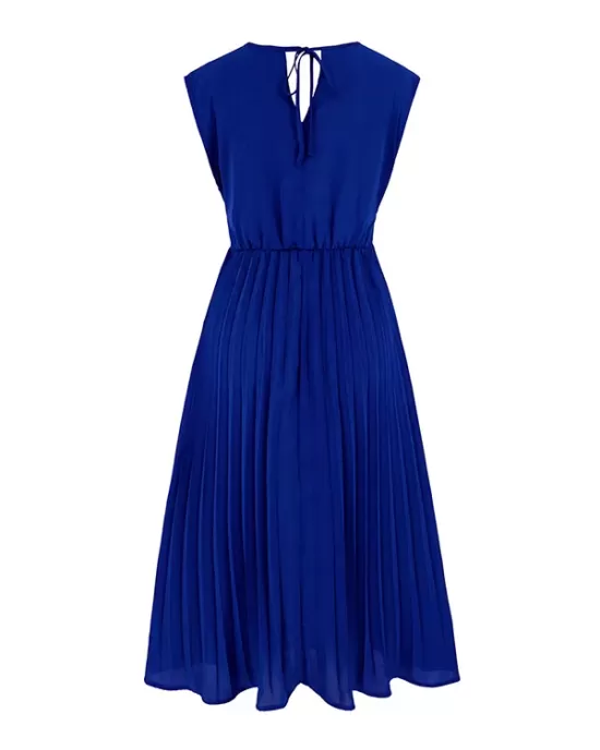 Pleated Solid Color Tied Waist Sleeveless V-Neck Midi Dresses