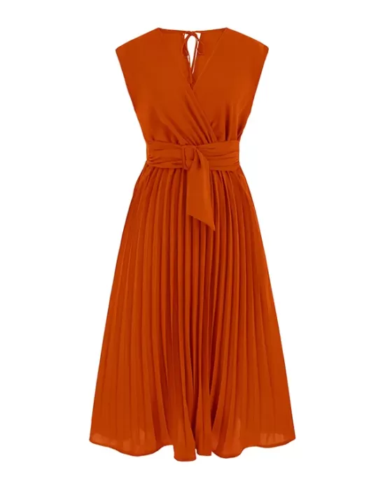 Pleated Solid Color Tied Waist Sleeveless V-Neck Midi Dresses