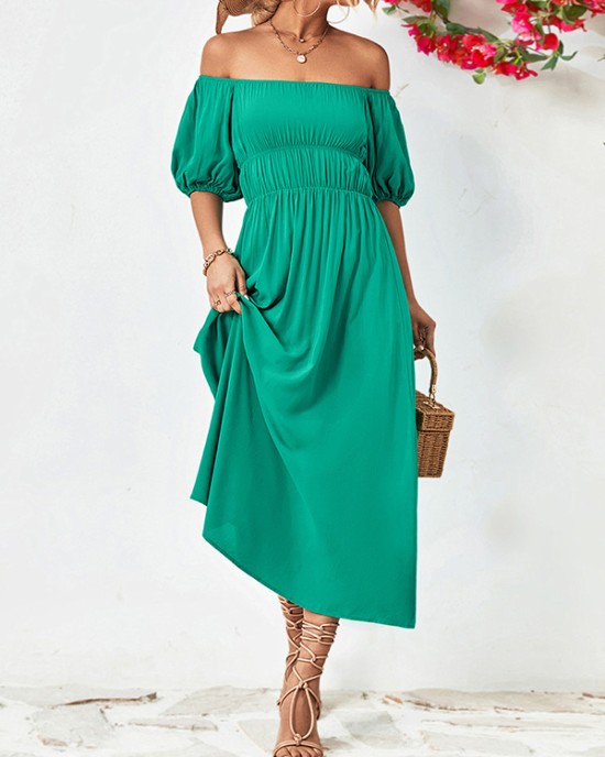 Solid Color Loose Short Sleeves Off-The-Shoulder Midi Dresses