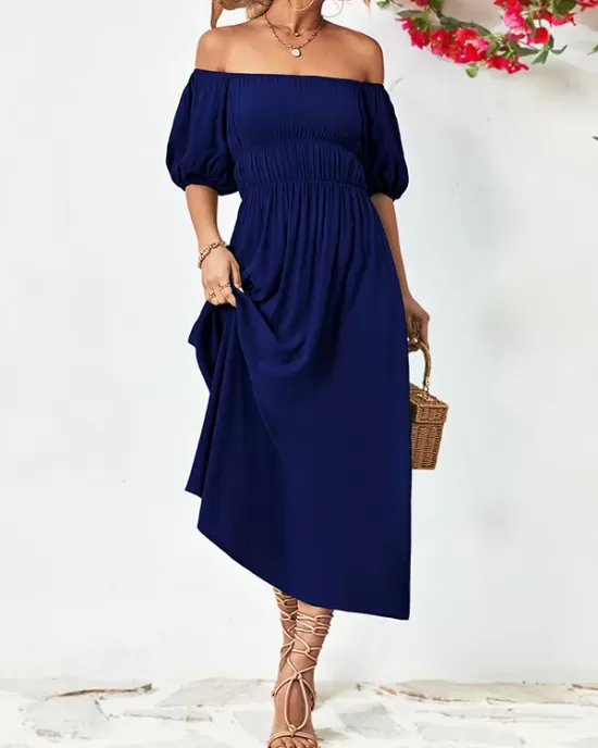 Solid Color Loose Short Sleeves Off-The-Shoulder Midi Dresses