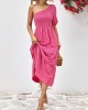 Solid Color Loose Puff Sleeves One-Shoulder Midi Dresses