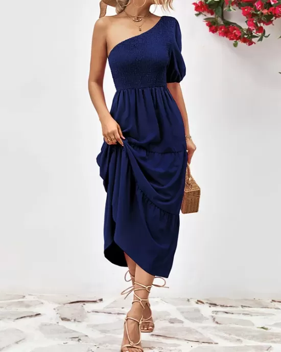 Solid Color Loose Puff Sleeves One-Shoulder Midi Dresses