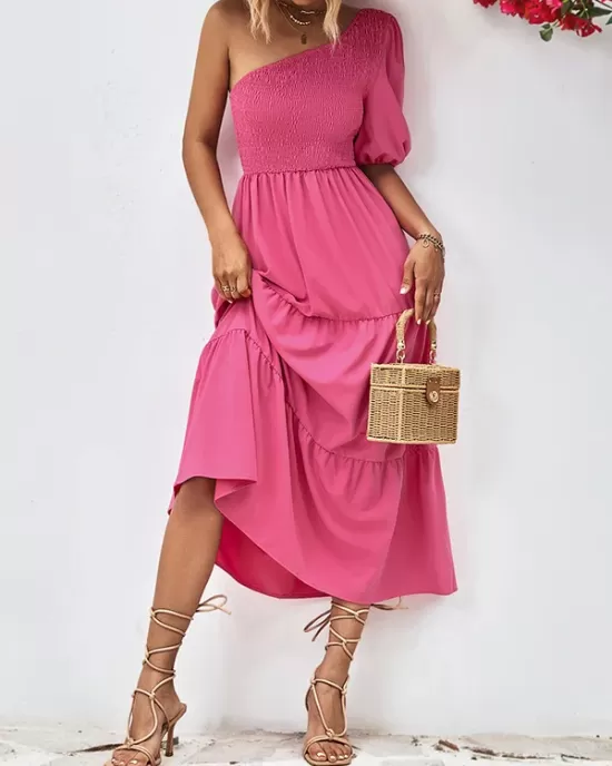 Solid Color Loose Puff Sleeves One-Shoulder Midi Dresses