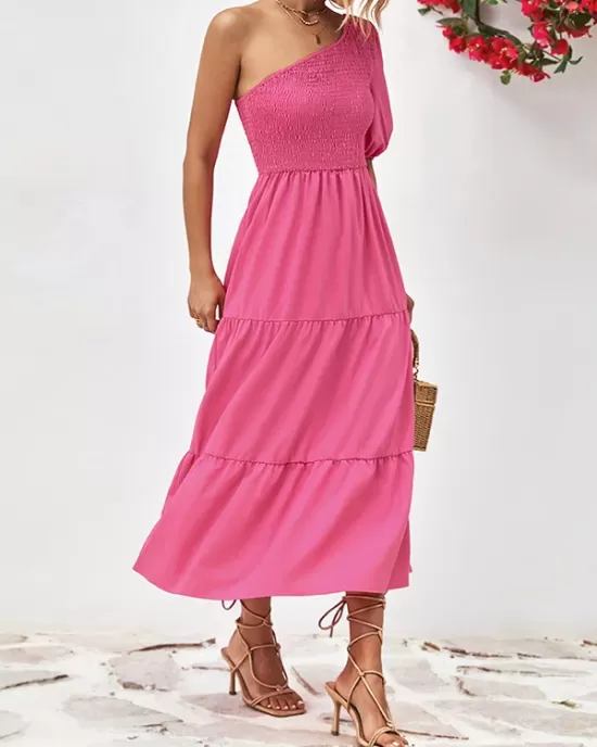 Solid Color Loose Puff Sleeves One-Shoulder Midi Dresses