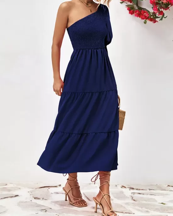 Solid Color Loose Puff Sleeves One-Shoulder Midi Dresses