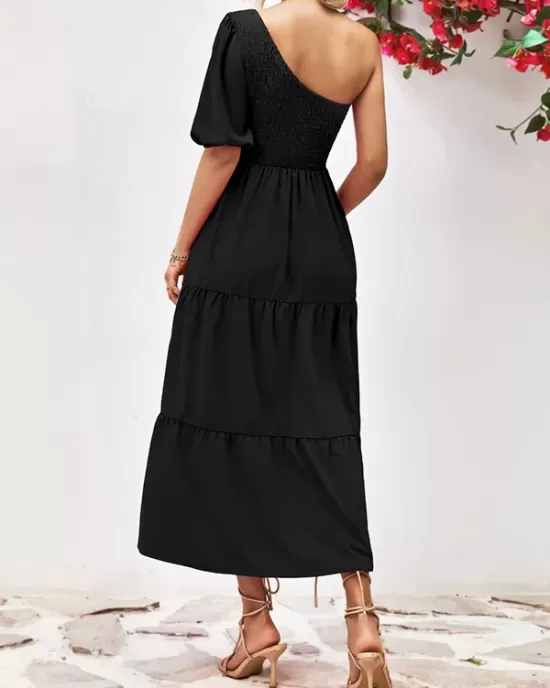 Solid Color Loose Puff Sleeves One-Shoulder Midi Dresses