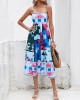 Pleated Printed Split-Joint High Waisted Sleeveless Collarless Slip Dress Midi Dresses