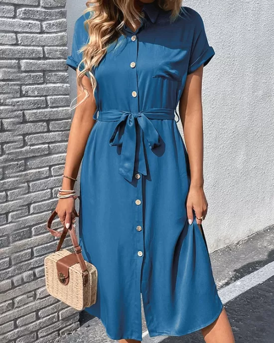 Ribbed Solid Color Loose Short Sleeves Lapel Midi Dresses