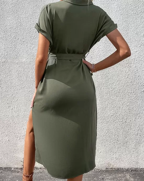 Ribbed Solid Color Loose Short Sleeves Lapel Midi Dresses