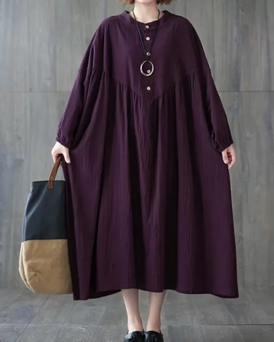 Pleated Solid Color Loose Puff Sleeves Stand Collar Midi Dresses