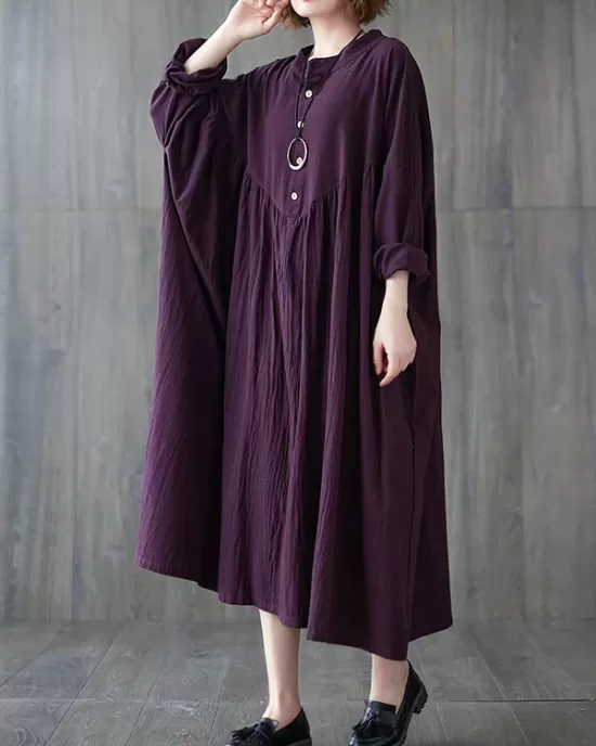 Pleated Solid Color Loose Puff Sleeves Stand Collar Midi Dresses