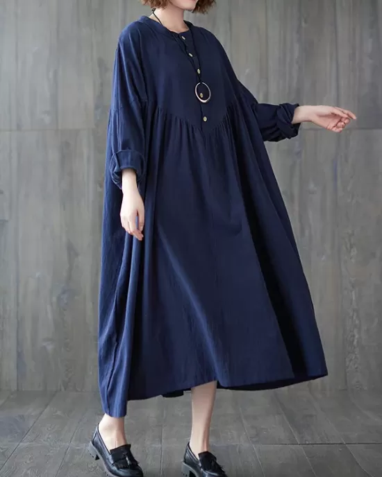 Pleated Solid Color Loose Puff Sleeves Stand Collar Midi Dresses