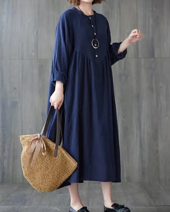 Pleated Solid Color Loose Puff Sleeves Stand Collar Midi Dresses