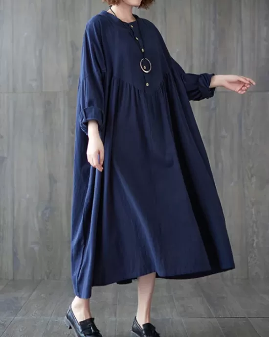 Pleated Solid Color Loose Puff Sleeves Stand Collar Midi Dresses