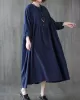 Pleated Solid Color Loose Puff Sleeves Stand Collar Midi Dresses