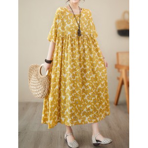 Floral Printed Pleated Split-Joint Loose Raglan Sleeve Round-Neck Midi Dresses