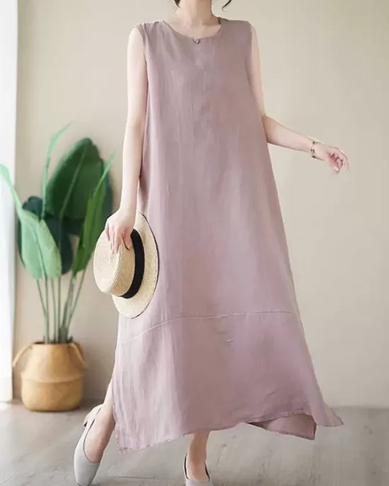 Solid Color A-Line Loose Round-Neck Midi Dresses