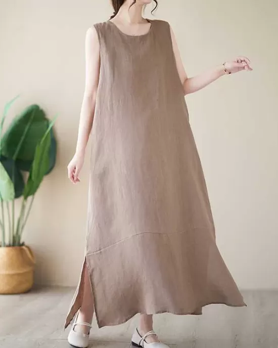 Solid Color A-Line Loose Round-Neck Midi Dresses