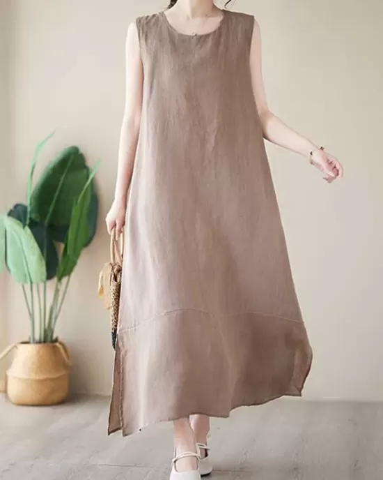 Solid Color A-Line Loose Round-Neck Midi Dresses