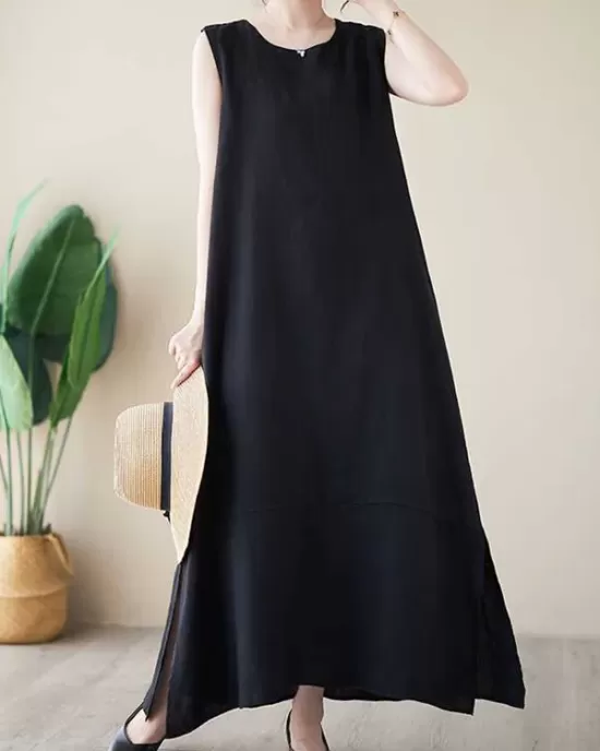 Solid Color A-Line Loose Round-Neck Midi Dresses