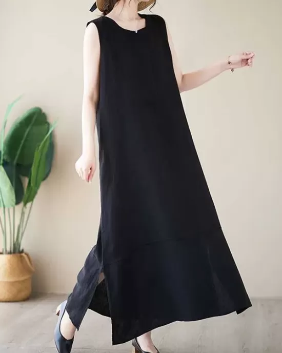 Solid Color A-Line Loose Round-Neck Midi Dresses