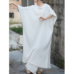 Solid Color Split-Side Batwing Sleeves Long Sleeves Round-Neck Midi Dresses