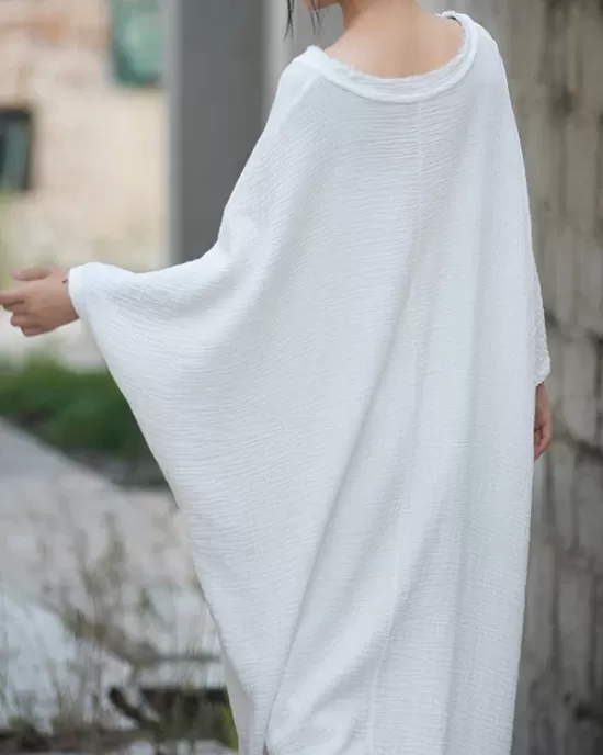 Solid Color Split-Side Batwing Sleeves Long Sleeves Round-Neck Midi Dresses