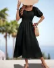 Elasticity Pleated Solid Color Split-Joint A-Line Bishop Sleeve Off-The-Shoulder Midi Dresses