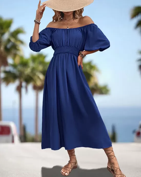 Elasticity Pleated Solid Color Split-Joint A-Line Bishop Sleeve Off-The-Shoulder Midi Dresses