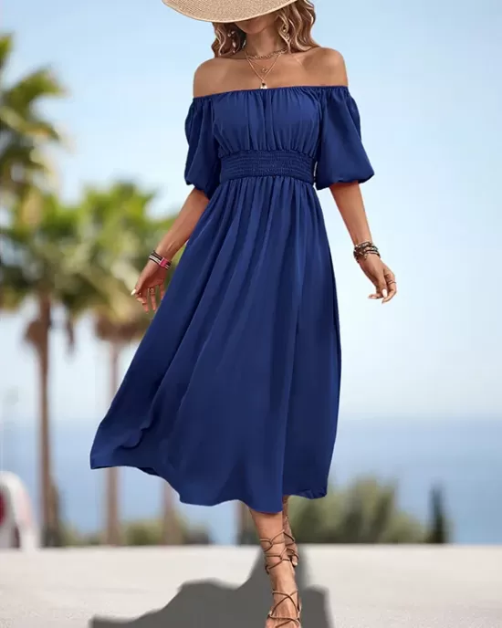 Elasticity Pleated Solid Color Split-Joint A-Line Bishop Sleeve Off-The-Shoulder Midi Dresses