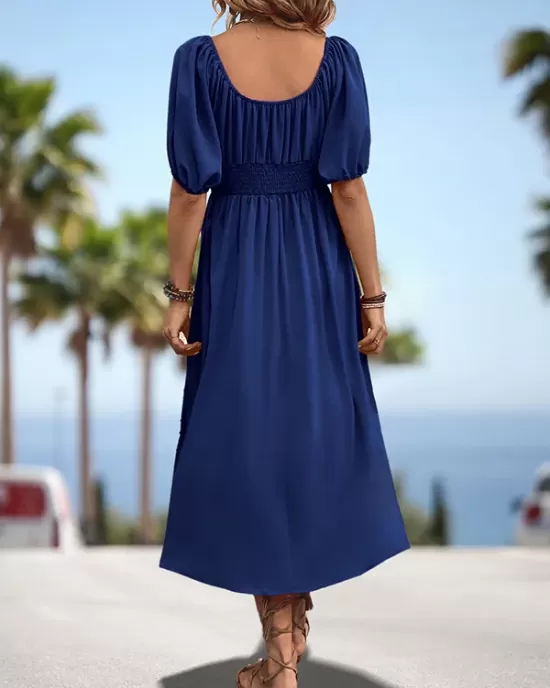 Elasticity Pleated Solid Color Split-Joint A-Line Bishop Sleeve Off-The-Shoulder Midi Dresses