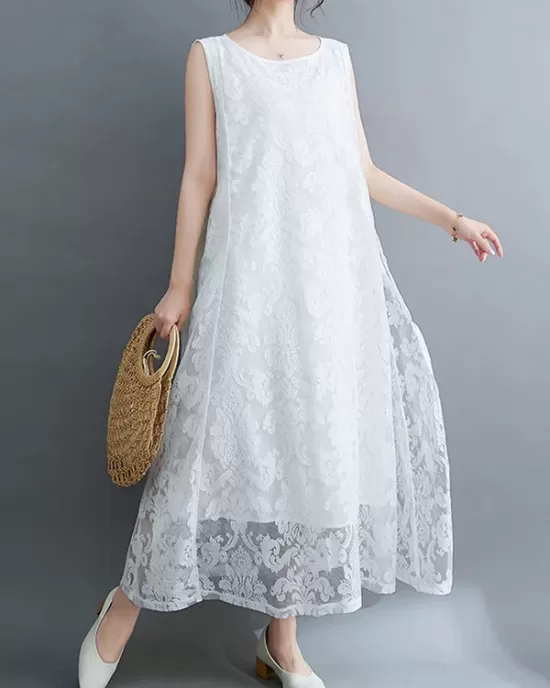 A-Line Loose Lacy See-Through Solid Color Split-Side Round-Neck Midi Dresses