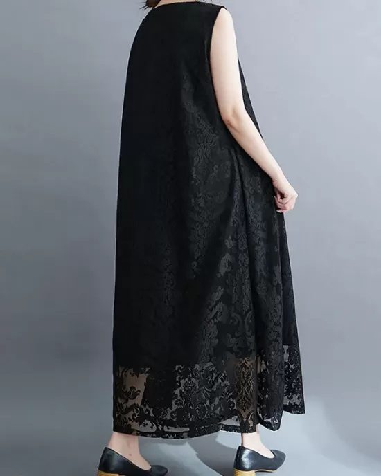 A-Line Loose Lacy See-Through Solid Color Split-Side Round-Neck Midi Dresses